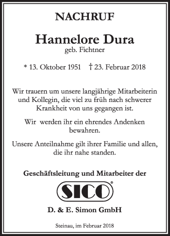 Traueranzeige von Hannelore Dura 
