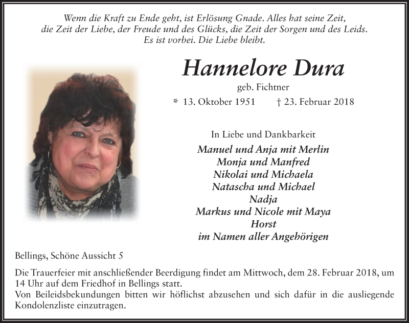  Traueranzeige für Hannelore Dura vom 26.02.2018 aus 