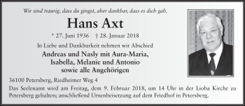 Traueranzeige von Hans Axt 