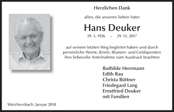 Traueranzeige von Hans Deuker 