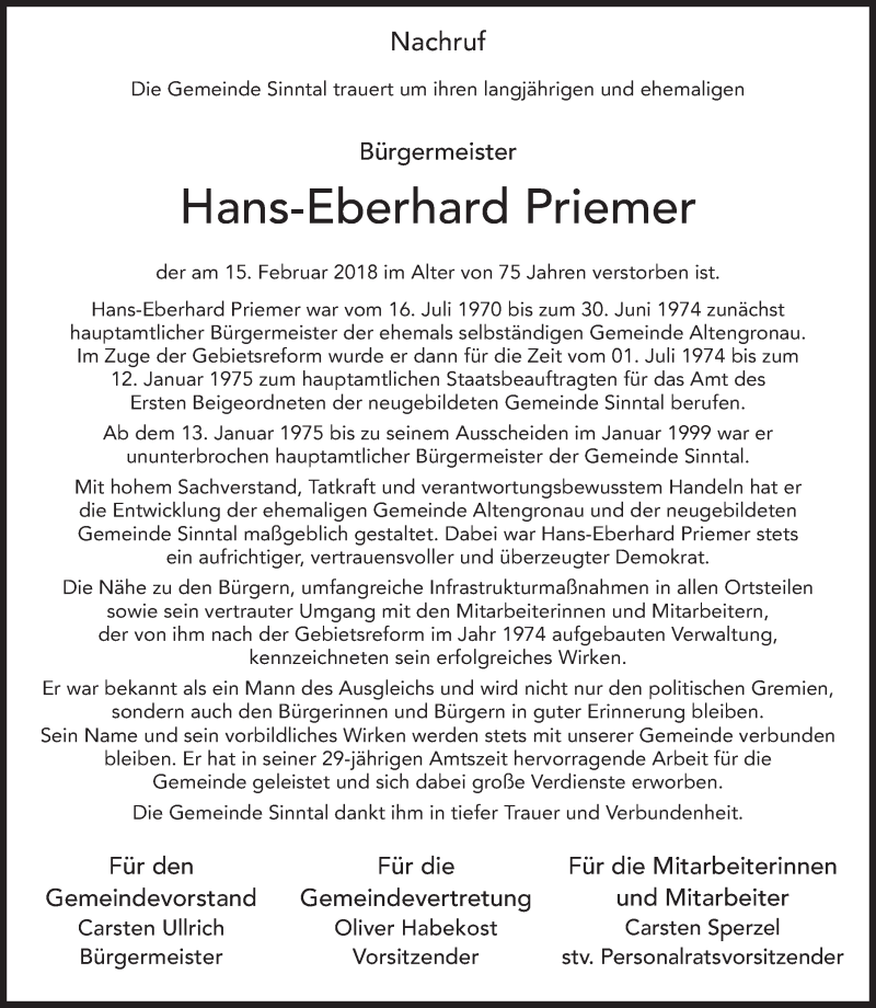 Traueranzeige für Hans-Eberhard Priemer vom 17.02.2018 aus 