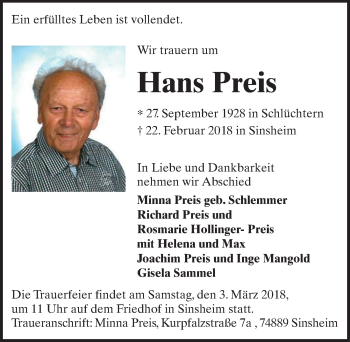 Traueranzeige von Hans Preis 