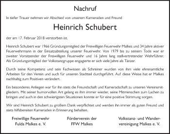 Traueranzeige von Heinrich Schubert 