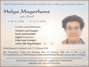 Traueranzeige von Helga Magerhans 