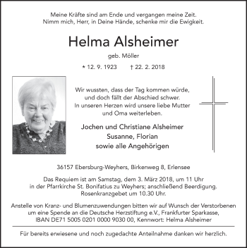 Traueranzeige von Helma Alsheimer 