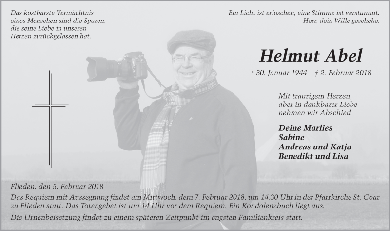  Traueranzeige für Helmut Abel vom 05.02.2018 aus 