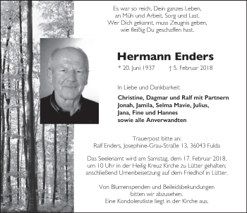 Traueranzeige von Hermann Enders 