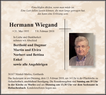 Traueranzeige von Hermann Wiegand 