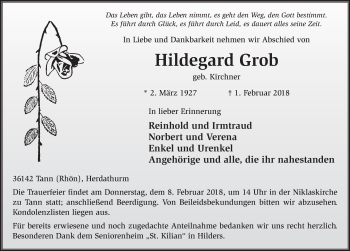 Traueranzeige von Hildegard Grob 