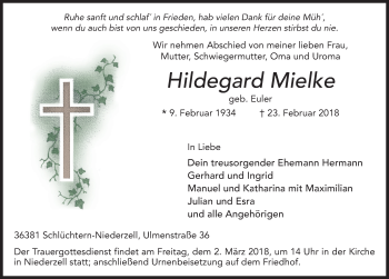 Traueranzeige von Hildegard Mielke 