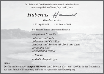 Traueranzeige von Hubertus Hammel 
