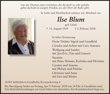 Traueranzeige von Ilse Blum 