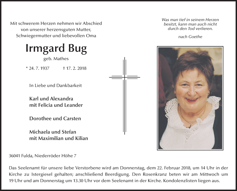  Traueranzeige für Irmgard Bug vom 20.02.2018 aus 