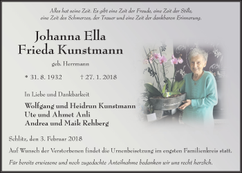 Traueranzeige von Johanna Ella Frieda Kunstmann 