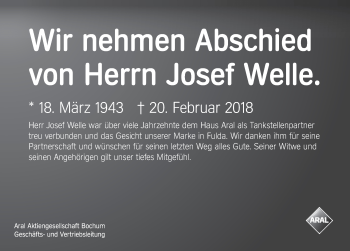 Traueranzeige von Josef Welle 