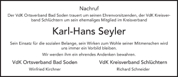 Traueranzeige von Karl-Hans Seyler 