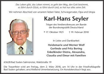 Traueranzeige von Karl-Hans Seyler 