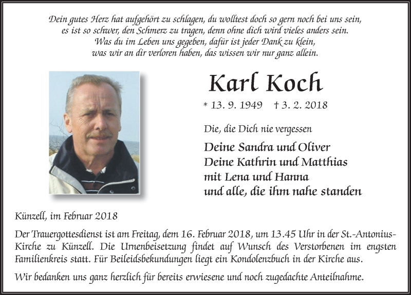  Traueranzeige für Karl Koch vom 14.02.2018 aus 