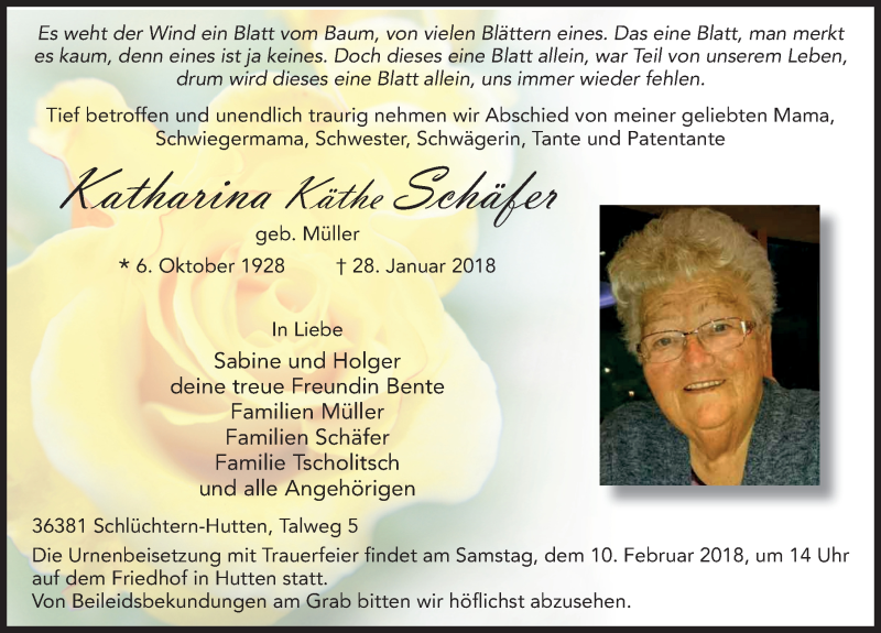  Traueranzeige für Katharina Schäfer vom 06.02.2018 aus 