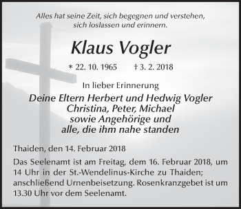 Traueranzeige von Klaus Vogler 