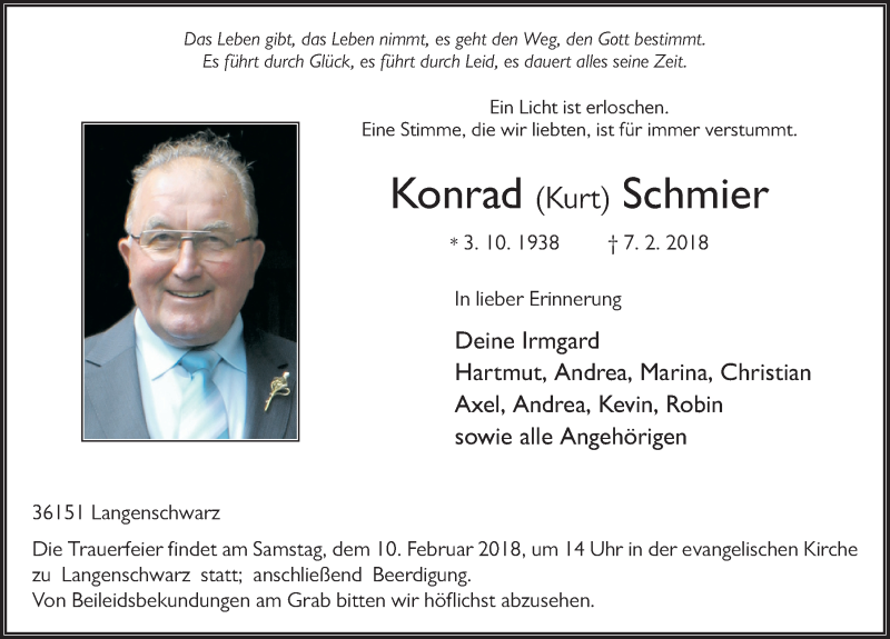  Traueranzeige für Konrad Schmier vom 09.02.2018 aus 