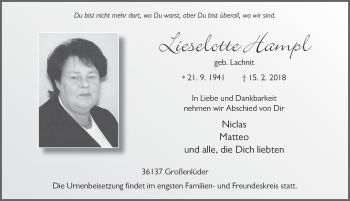 Traueranzeige von Lieselotte Hampl 