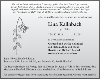 Traueranzeige von Lina Kallnbach 