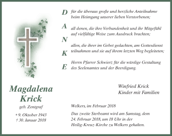 Traueranzeige von Magdalena Krick 