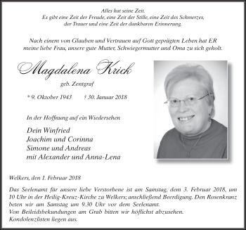 Traueranzeige von Magdalena Krick 