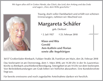 Traueranzeige von Margareta Schäfer 