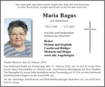 Traueranzeige von Maria Bagus 
