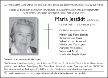 Traueranzeige von Maria Jestädt 