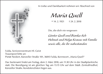 Traueranzeige von Maria Quell 