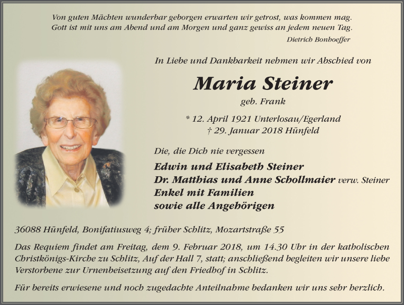  Traueranzeige für Maria Steiner vom 05.02.2018 aus 