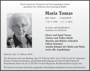 Traueranzeige von Maria Tomas 