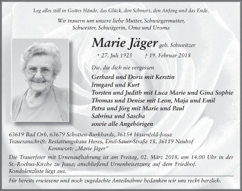 Traueranzeige von Marie Jäger 
