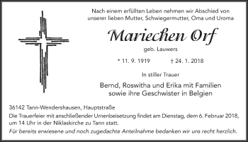 Traueranzeige von Mariechen Orf 