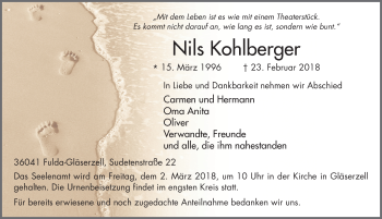 Traueranzeige von Nils Kohlberger 
