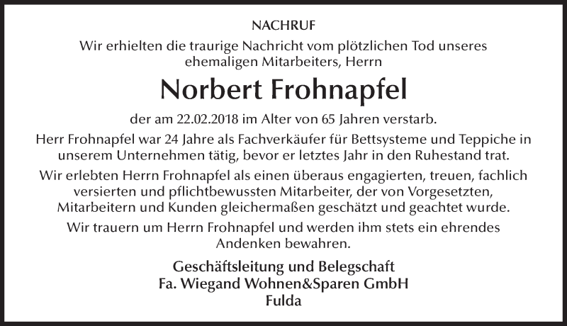  Traueranzeige für Norbert Frohnapfel vom 28.02.2018 aus 