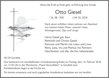 Traueranzeige von Otto Giesel 