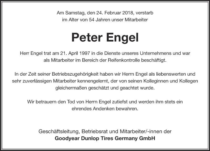  Traueranzeige für Peter Engel vom 27.02.2018 aus 