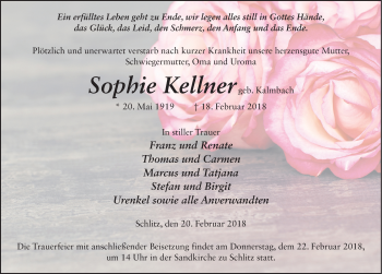 Traueranzeige von Sophie Kellner 