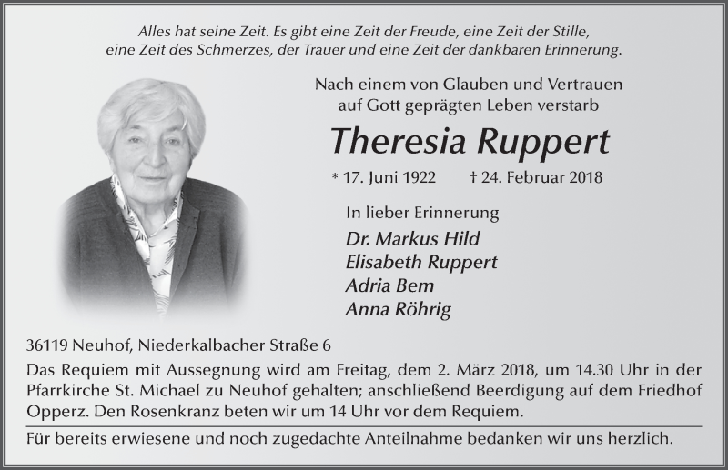  Traueranzeige für Theresia Ruppert vom 27.02.2018 aus 