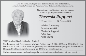 Traueranzeige von Theresia Ruppert 