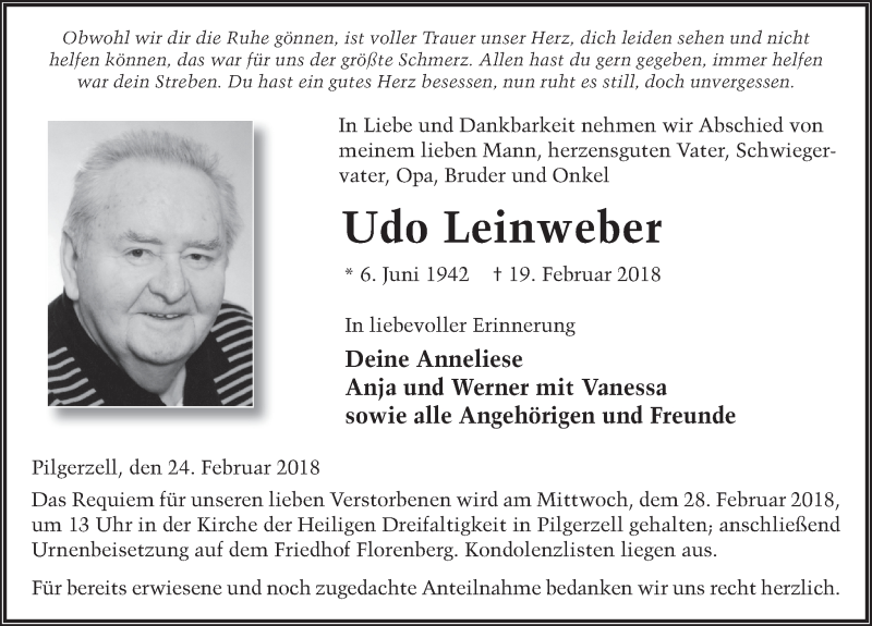  Traueranzeige für Udo Leinweber vom 24.02.2018 aus 