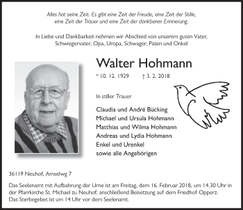 Traueranzeige von Walter Hohmann 