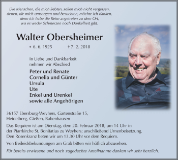 Traueranzeige von Walter Obersheimer 