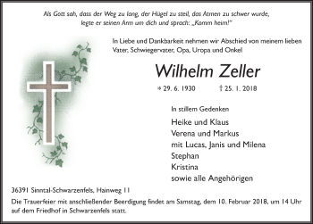 Traueranzeige von Wilhem Zeller 