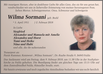 Traueranzeige von Wilma Sormani 