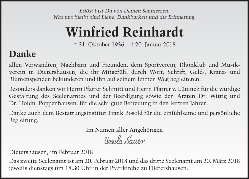  Traueranzeige für Winfried Reinhardt vom 16.02.2018 aus 